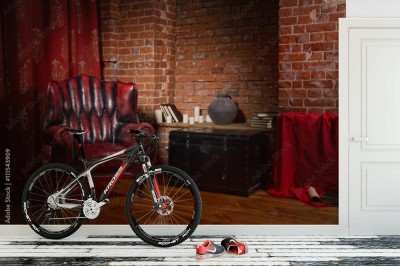 Fototapeta Antyczne krzesło przy ścianie z cegieł