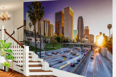 Fototapeta Los Angeles linii horyzontu zmierzchu budynków w centrum autostrada