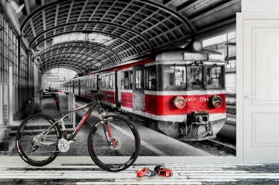 Fototapeta Pociąg w stylu retro z selektywnym kolorem czerwonym