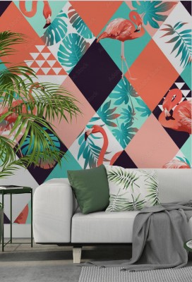 Tapeta Egzotyczny modny wzór w romby z ptakami