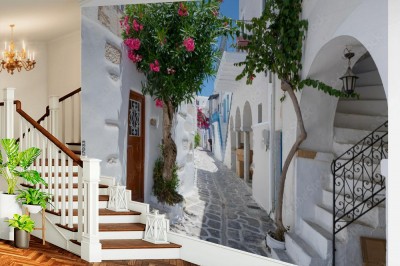 Fototapeta 3D z białą grecką uliczką z kwiatami