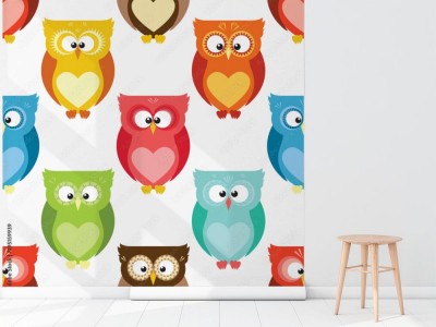 Tapeta do pokoju dziecięcego w kolorowe sowy z kreskówki