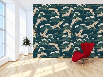 Tapeta Japońskie bociany w stylu vintage na zielonym tle