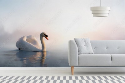 Fototapeta do sypialni - piękny krajobraz z łabędziem unoszącym się na jeziorze