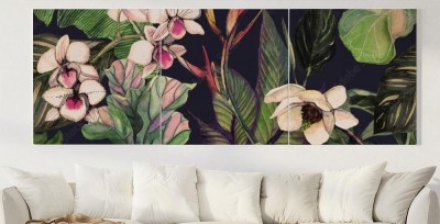 Obrazy do salonu z wzorem z tropikalnych liści i kwiatów
