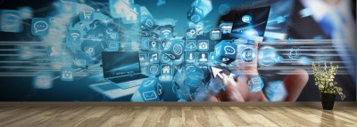 Fototapeta Biznesmen używa cyfrowego interfejs w swoim biurze