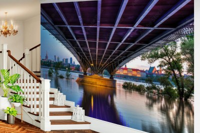 Fototapeta Widok ze stalowego mostu do Warszawy o zmierzchu