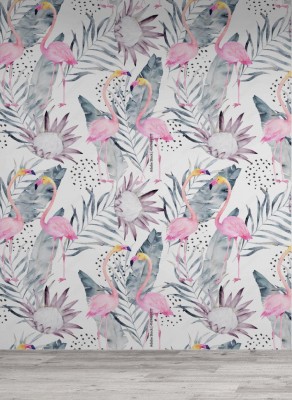 Tapeta z tropikalnym flamingiem na jasnym tle z kwiatami