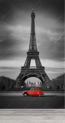 Fototapeta Wieża Eiffla i czerwony samochód - Paryż