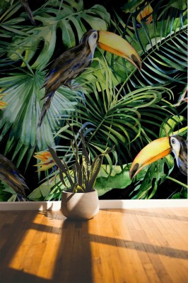 Tapeta  z tropikalnymi liśćmi i gęstą dżunglą