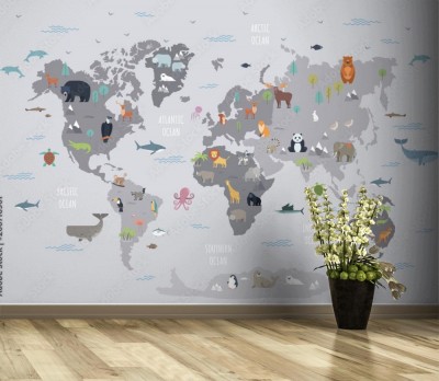 Fototapeta Mapa świata ze zwierzętami w kolorach kawy z mlekiem