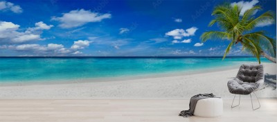 Fototapeta Plaża w ujęciu panoramicznym z palmą kokosową