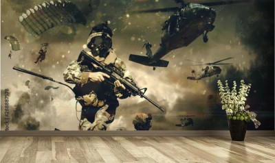 Fototapeta Siły wojskowe i helikoptery między dymem a pyłem na polu bitwy