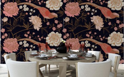 Tapeta Wzór z egzotycznych bażantów i kwiatów piwonii 