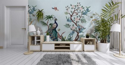 Fototapeta Border w stylu chinoiserie z czaplami, pawiami i piwoniami