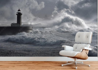 Fototapeta Fale sztormowe nad latarnią morską w Portugalii