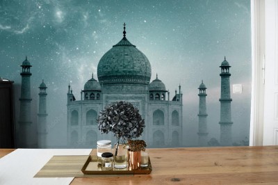 Fototapeta Taj Mahal Indie, nocne niebo z gwiazdami i mgła nad Taj Mahal w Agrze