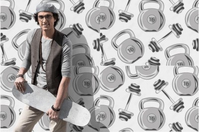 Tapeta do siłowni z hantlami i kettlami 