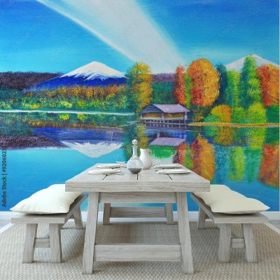 Fototapeta odbicie góry i nieba na obrazie olejnym jeziora