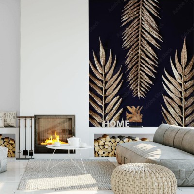 Fototapeta Złote gałązki tropikalnej rośliny na czarnym tle