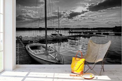 Fototapeta Czarno-biały zachód słońca nad molo