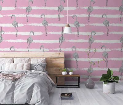 Tapeta w różowe pasy z papugami