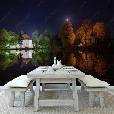 Fototapeta Kościół na wodzie w nocy w Zwierzyńcu