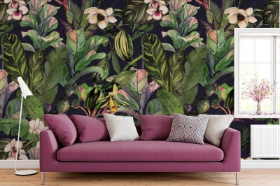 Fototapeta z wzorem z tropikalnych liści i kwiatów