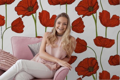 Fototapeta Seamless floral decorative pattern with red flowers and buds  Poppies, shirley, canker rose, Papaver  Endless spring texture for your design, fabrics, decor  Graphic illustration