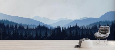 Fototapeta Ilustrowany panoramiczny krajobraz z niebieskimi sylwetkami drzew i wzgórz