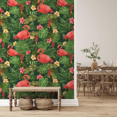 Tapeta Modny wzór z tropikalnych liści, egzotycznych kwiatów i flamingów
