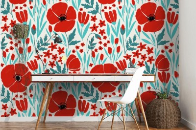 Fototapeta Seamless pattern with red poppy flowers