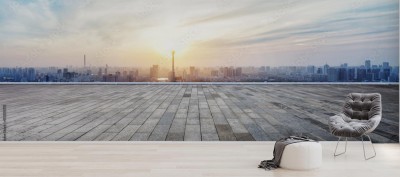Fototapeta Panoramiczna linia horyzontu i budynki z pustą drewnianą deską