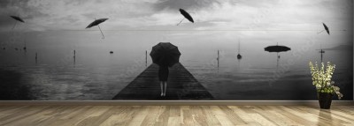 Fototapeta Elegancka kobieta i deszcz czarnych parasoli