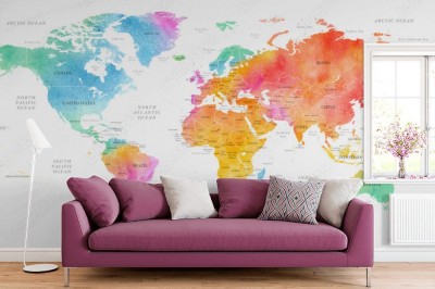 Fototapeta Szczegółowa Mapa świata w żywych barwach z nazwami krajów