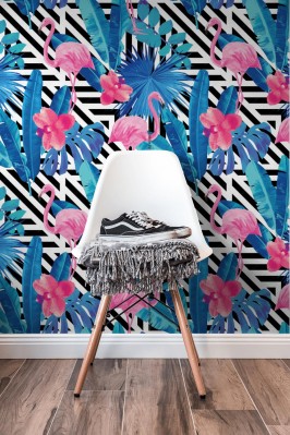 Fototapeta  we flamingi na tle niebieskich  liści i czarnych linii