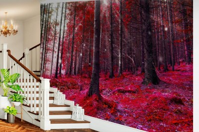 Fototapeta Czerwony magiczny las ze promieniami słonecznymi