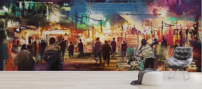 Fototapeta Ilustracja miasta ulicy handlowej z kolorowym życiem nocnym