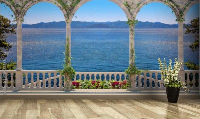 Fototapeta Taras z balustradą z widokiem na morze i góry