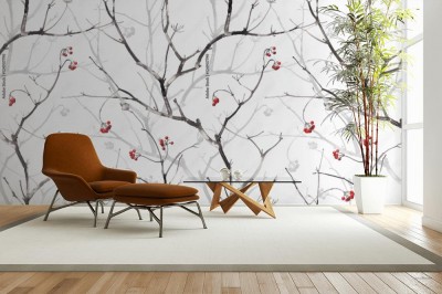 Tapeta z modnym wzorem do mieszkania z gałązkami jarzębiny