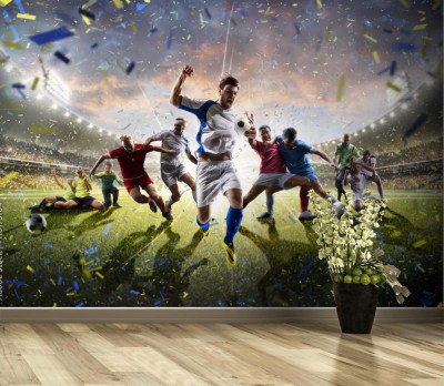 Fototapeta Kolaż piłkarzy w akcji na panoramie stadionu