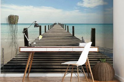 Fototapeta Drewniane mol 3Do na słonecznej plaży