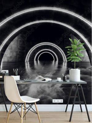 Fototapeta Dym Futurystyczny owalny okrąg Neonowe świecące białe wiązki światła laserowego na betonowej podłodze Podłoga Odblaskowy korytarz tunelu Ciemne wejście Etap renderowania 3D