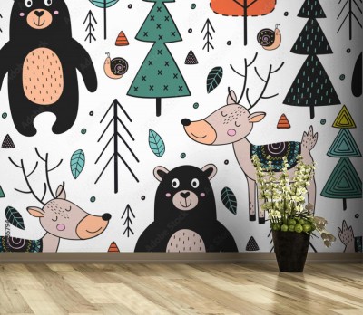 Fototapeta w skandynawskim stylu dla dzieci z wzorem w leśne zwierzęta