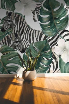 Tapeta Zebra i tropikalne liście