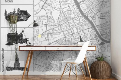 Fototapeta Mapa miasta Warszawy z ręcznie rysowanymi ikonami architektury