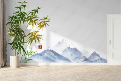 Fototapeta Niebieskie góry i zielona ręka bambusa rysowane tuszem