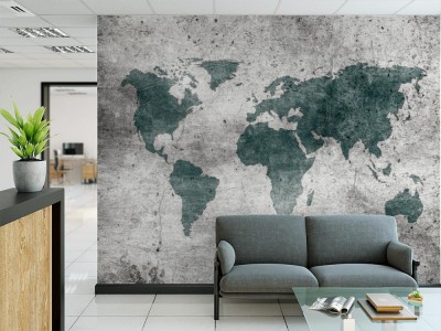 Fototapeta Zielona mapa świata na betonowej ścianie