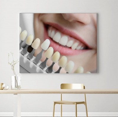 Obraz na płótnie Młoda kobieta wybiera kolor zębów