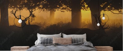 Fototapeta z panoramicznym leśnym krajobrazem z jeleniem